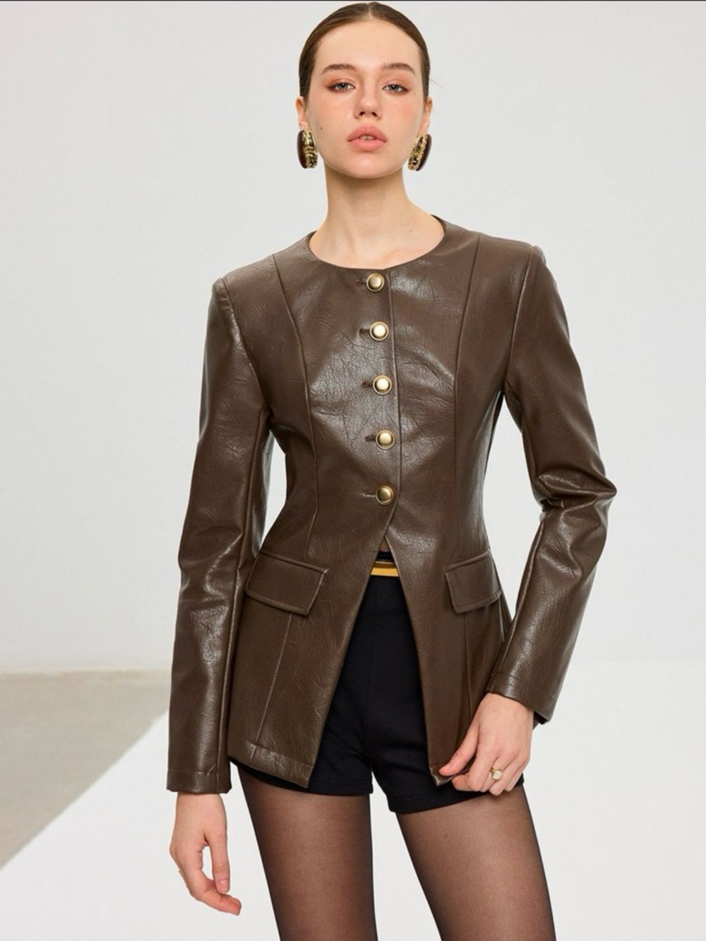 Commense Brown Faux Leather Buttoned Jacket
